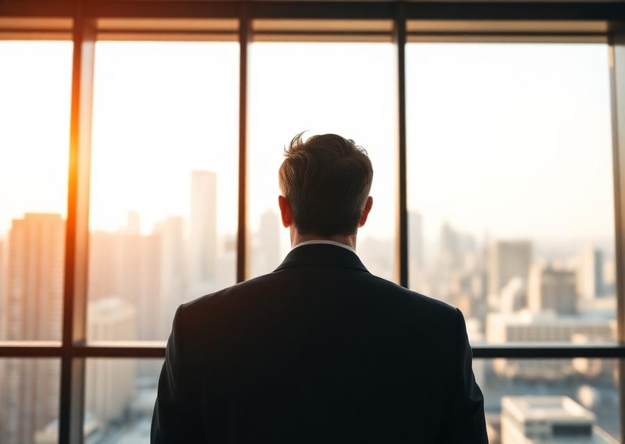 Empresário observando a cidade pela janela do escritório